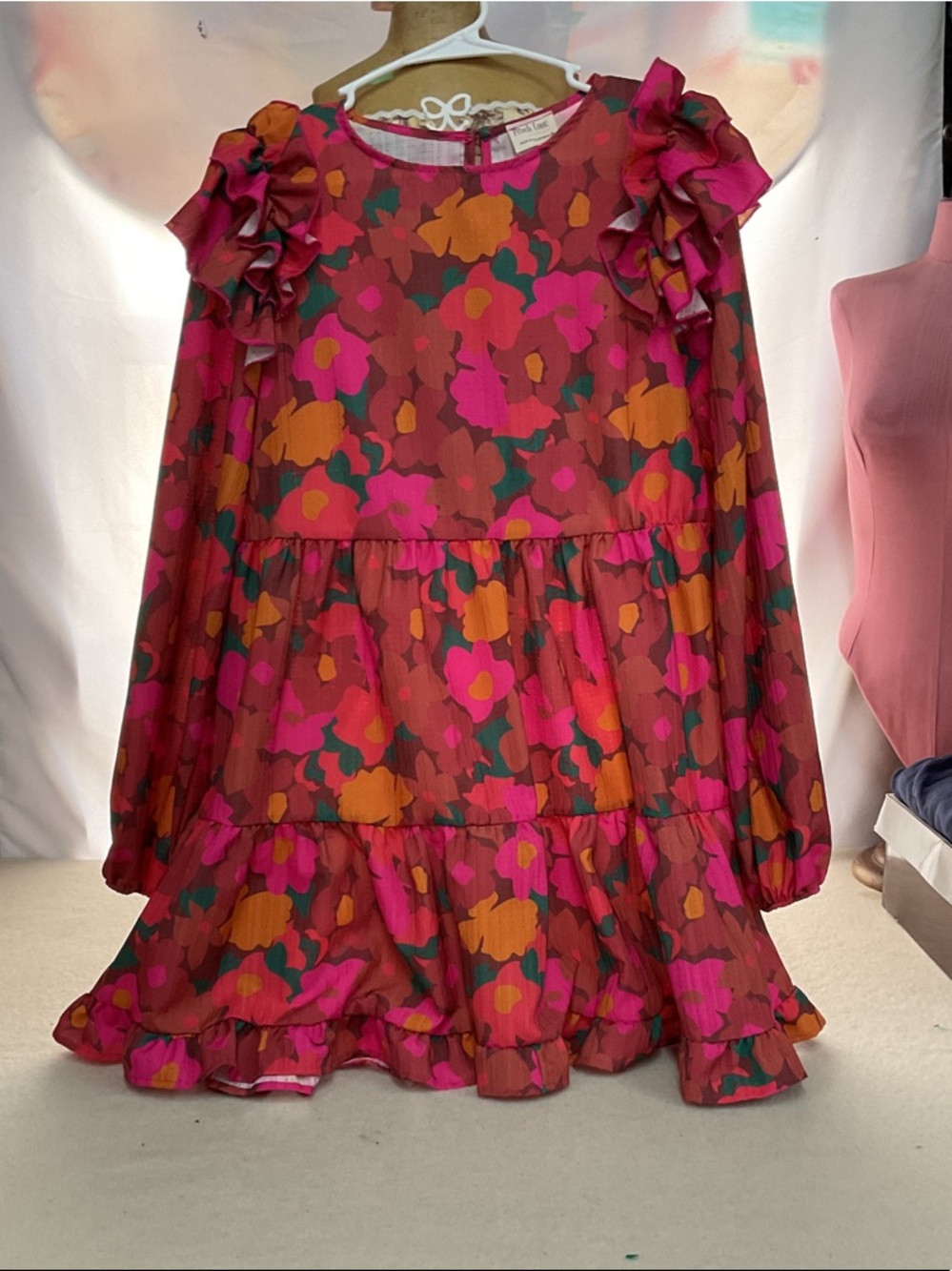 Peach Love California Ruffled Floral Mini Dress in Magenta, Orange & Green